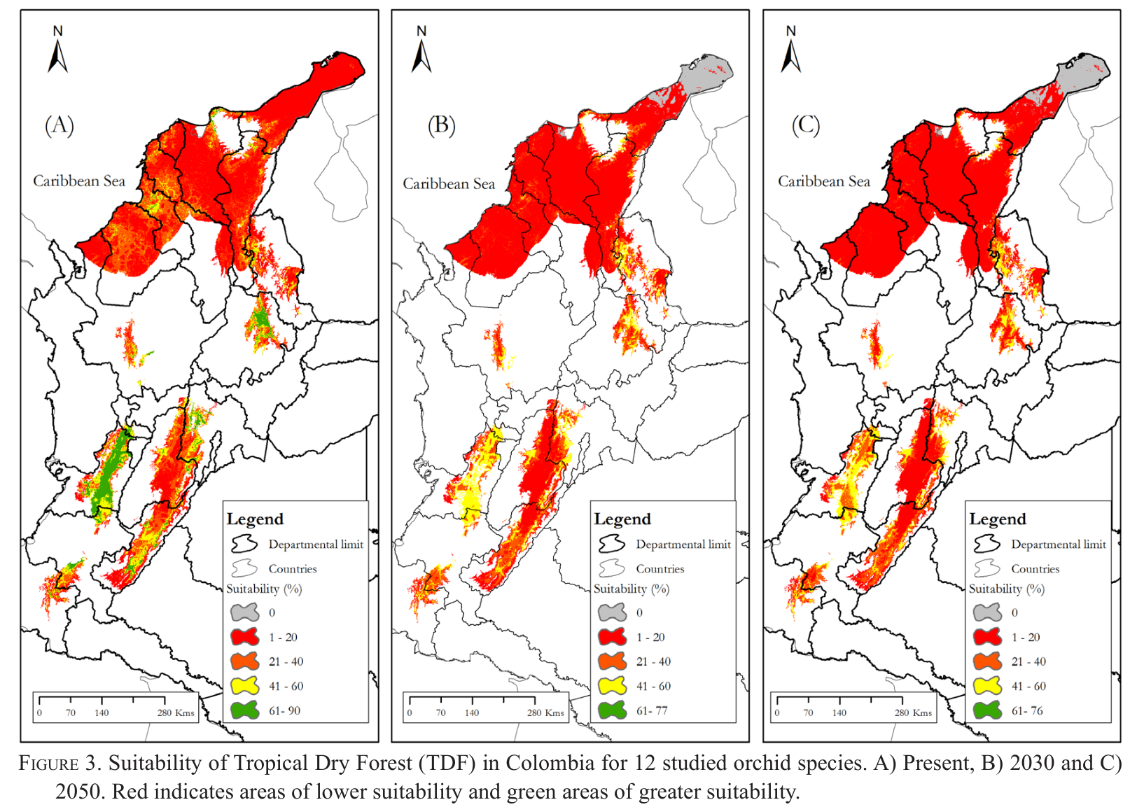 Mapas de idoneidad del bosque seco tropical en Colombia para hoy, 2030 y 2050